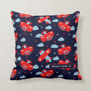 Cute Red and Blue Planes and Clouds Kids Monogram Throw Pillow
