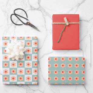 Cute Red And Blue Retro Floral Checkered Wrapping Paper Sheets