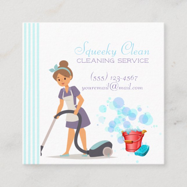 Cute Red and Blue Striped Cleaning Service Maid Square Business Card (Front)
