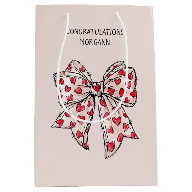 Cute Red and Blush Coquette Heart Bow  Medium Gift Bag (Front)