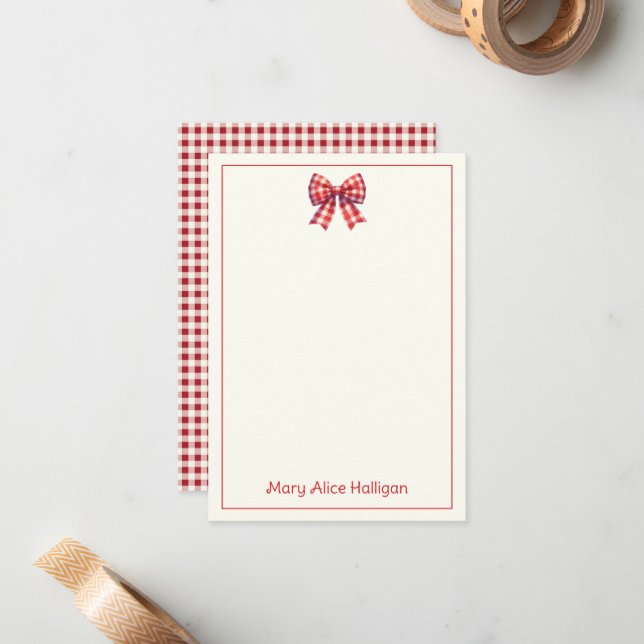 Cute Red and Cream Gingham Bow Note Card (Front/Back In Situ)