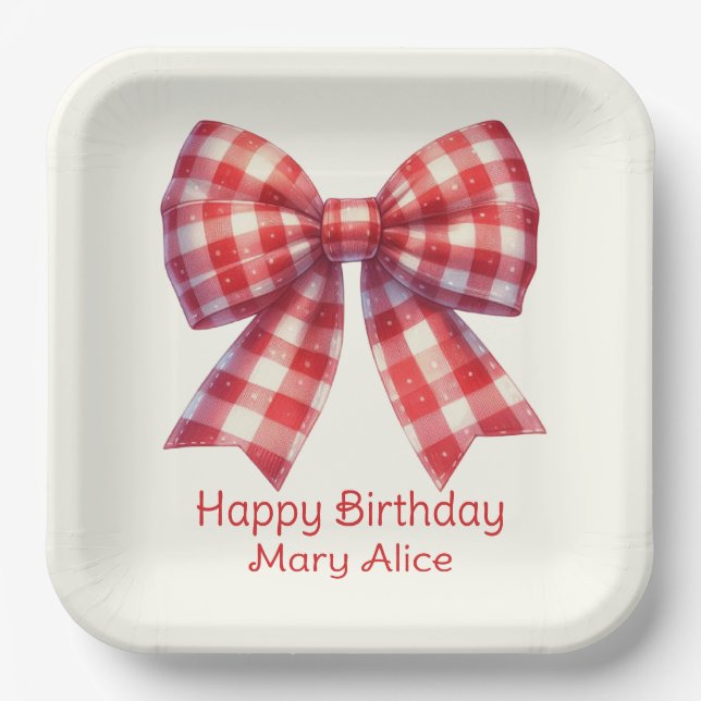 Cute Red and Cream Gingham Bow Paper Plates (Front)