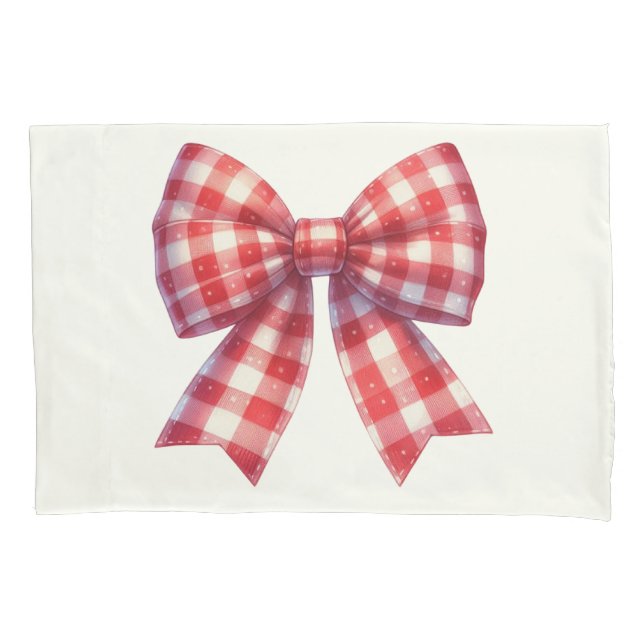 Cute Red and Cream Gingham Bow Pillow Case (Front)