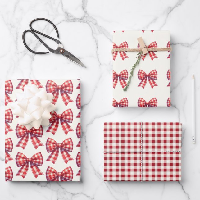 Cute Red and Cream Gingham Bow Wrapping Paper Sheets (Front)