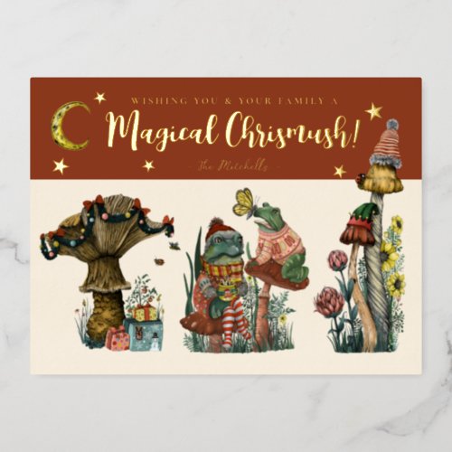 Cute Red and Gold Merry Magic Mushroom Christmas  Foil Holiday Postcard