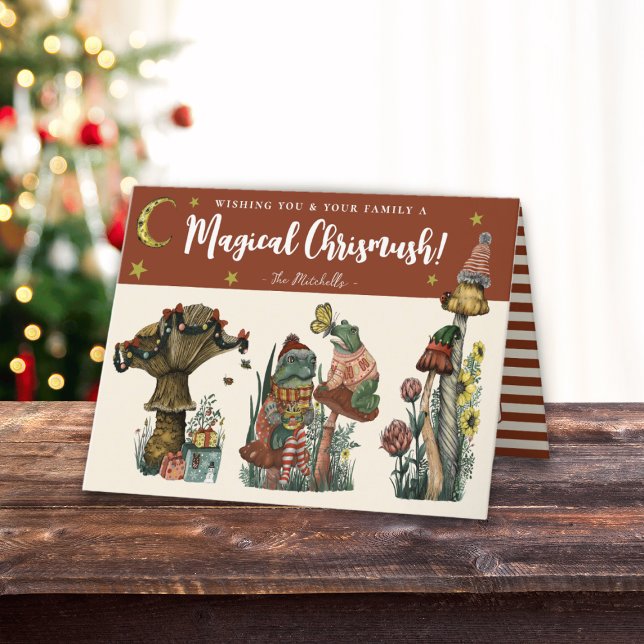 Cute Red and Gold Merry Magic Mushroom Christmas   Holiday Card (Red Magical Christmas Folded Card with whimsical illustrations of mushrooms and frogs. )