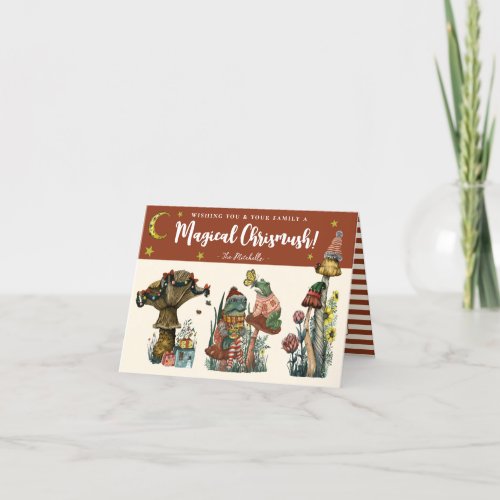 Cute Red and Gold Merry Magic Mushroom Christmas   Holiday Card