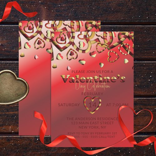 Cute Red And Gold Striped Hearts Valentines Day  Invitation