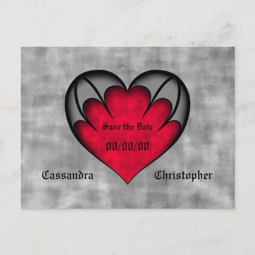 Cute red and gray gothic heart save the date postcard