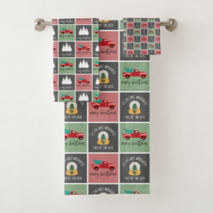 Cute Red and Green Christmas Tree Truck Pattern Bath Towel Set