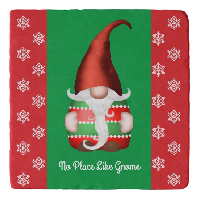 Cute Red and Green Gnome - No Place Like Gnome Trivet (Front)