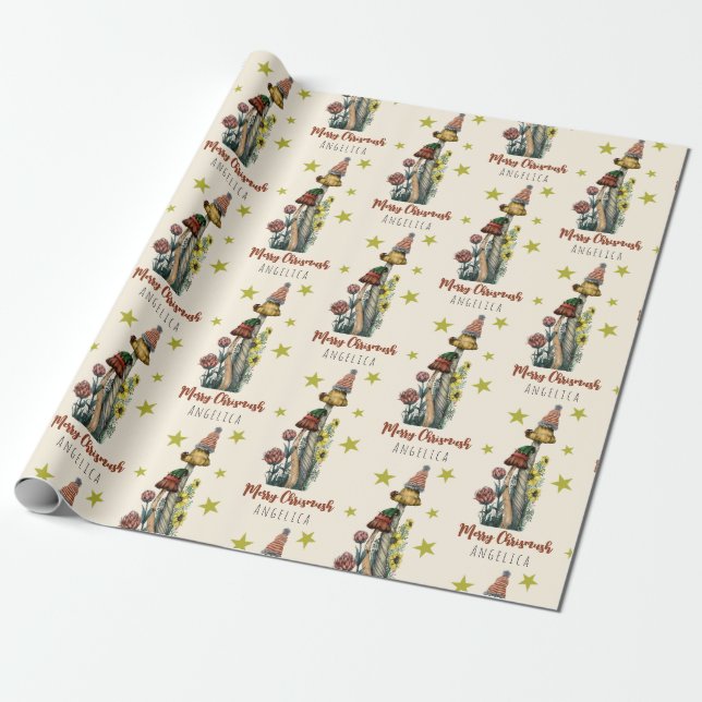 Cute Red and Green Mushroom Christmas Custom Name Wrapping Paper (Unrolled)