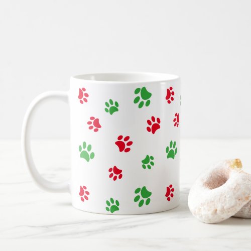 Cute Red and Green Paw Prints Pattern Holiday Coffee Mug