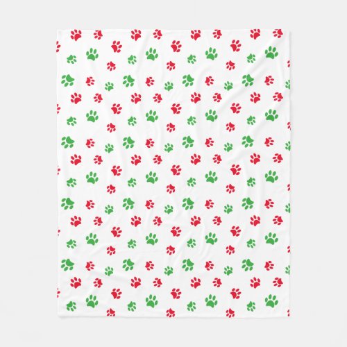 Cute Red and Green Paw Prints Pattern Holiday Fleece Blanket
