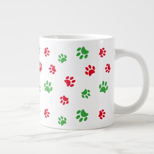 Cute Red and Green Paw Prints Pattern Holiday Giant Coffee Mug