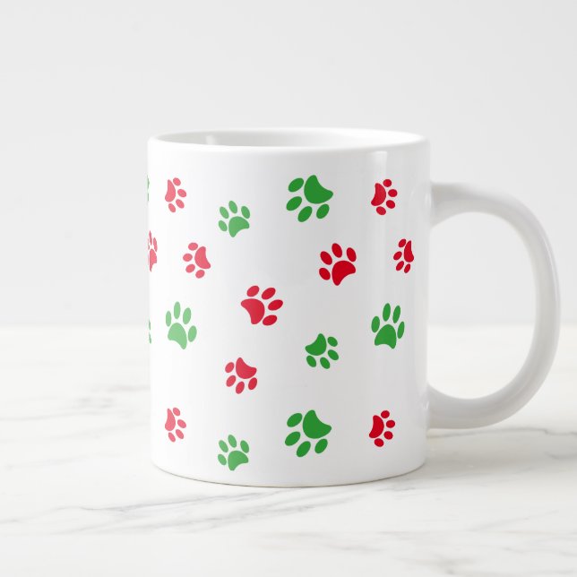Cute Red and Green Paw Prints Pattern Holiday Giant Coffee Mug (Right)