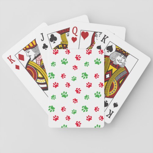 Cute Red and Green Paw Prints Pattern Holiday Playing Cards