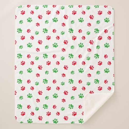 Cute Red and Green Paw Prints Pattern Holiday Sherpa Blanket