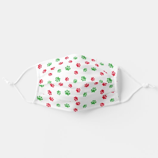 Cute Red and Green Paw Prints Pattern on White Adult Cloth Face Mask (Front, Unfolded)