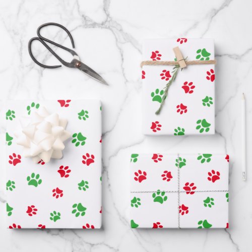 Cute Red and Green Paw Prints Pattern Wrapping Paper Sheets