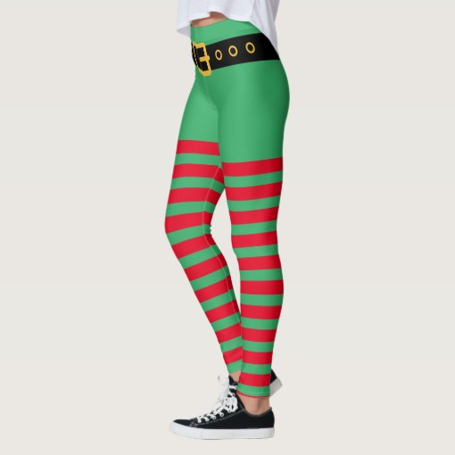 Cute red and green stripes Christmas elf costume Leggings | Zazzle