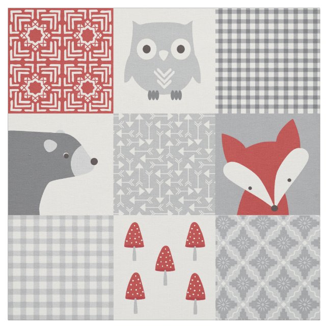Cute Red and Grey Woodland Animals Patchwork Fabric (Swatch)