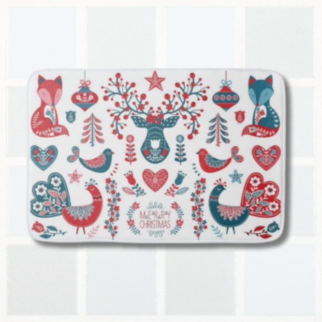 Cute Red and Navy Christmas Scandinavian Folk Art Bath Mat (Creator Uploaded)