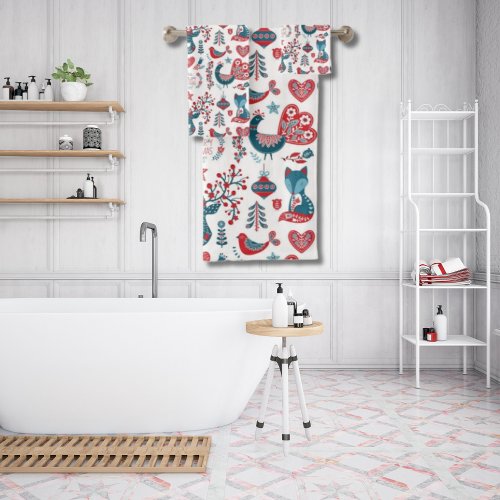 Cute Red and Navy Christmas Scandinavian Folk Art Bath Towel Set