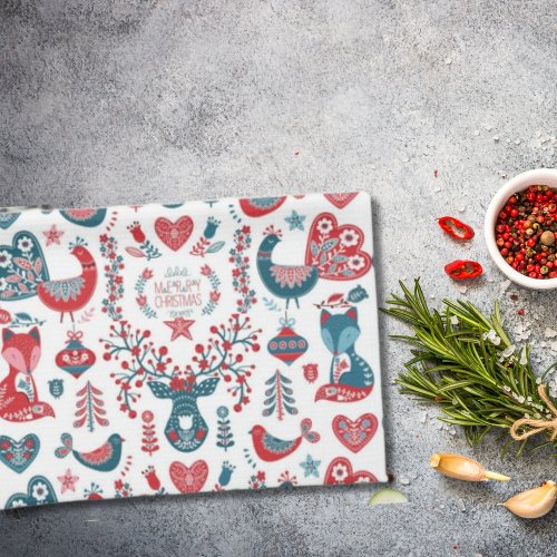 Cute Red and Navy Christmas Scandinavian Folk Art Kitchen Towel