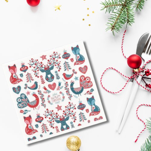 Cute Red and Navy Christmas Scandinavian Folk Art Napkins