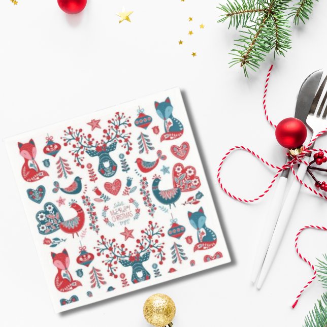 Cute Red and Navy Christmas Scandinavian Folk Art Napkins (Creator Uploaded)