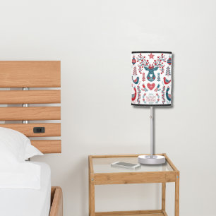 Cute Red and Navy Christmas Scandinavian Folk Art Table Lamp