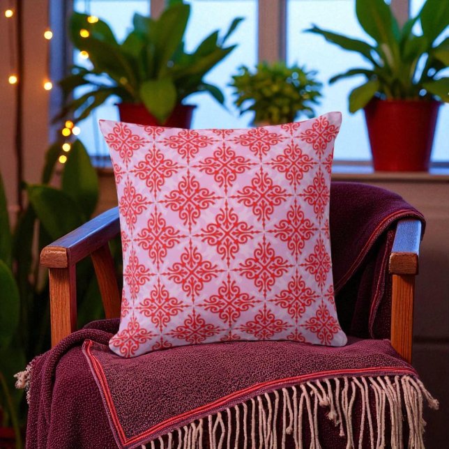 Cute Red and PInk Damask Pattern Throw Pillow (Creator Uploaded)