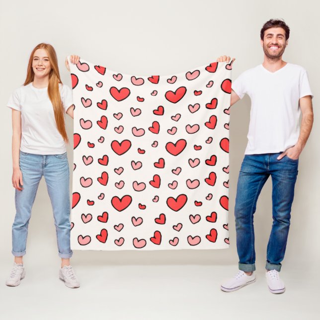 Cute Red and Pink Hand-Drawn Hearts Pattern Fleece Blanket (In Situ)
