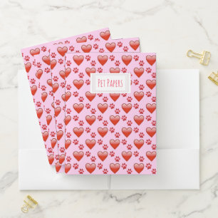 Cute Red and Pink Hearts and Paw Prints Pet Papers Pocket Folder