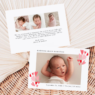 Cute Red and Pink Hearts Photo Birth Announcement