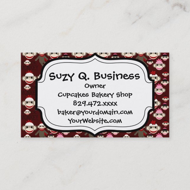 Cute Red and Pink Sock Monkeys Collage Pattern Business Card (Front)