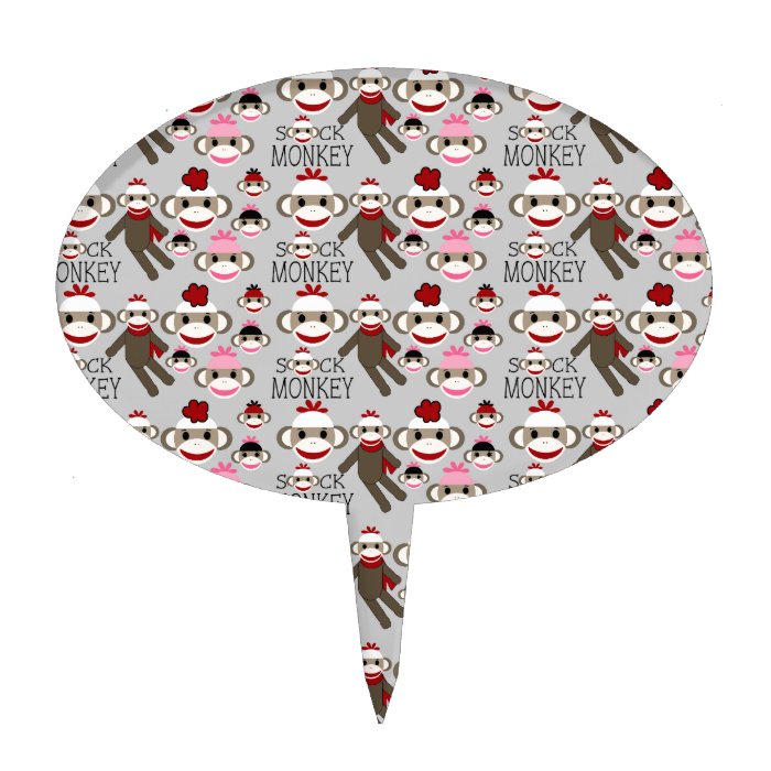 Cute Red and Pink Sock Monkeys Collage Pattern Cake Pick