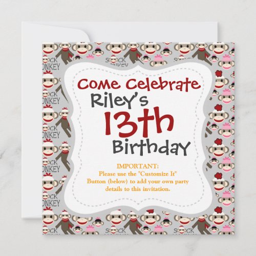 Cute Red and Pink Sock Monkeys Collage Pattern Invitation