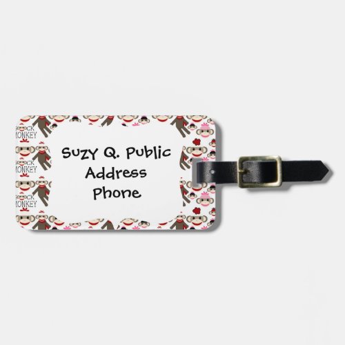 Cute Red and Pink Sock Monkeys Collage Pattern Luggage Tag