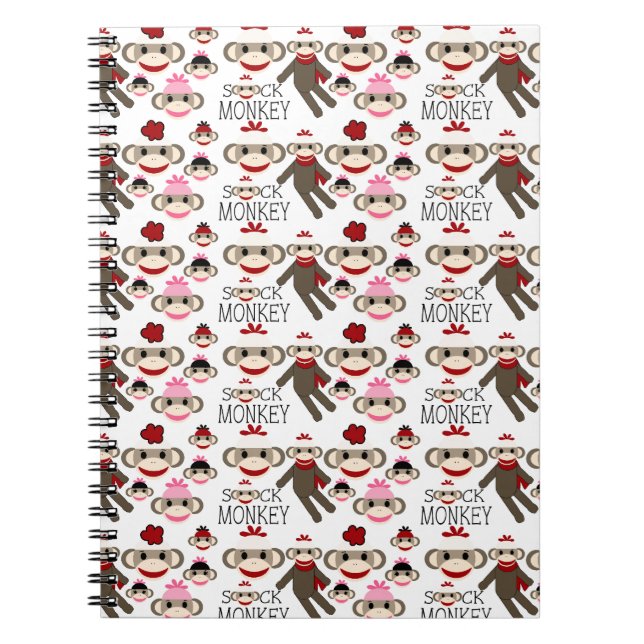 Cute Red and Pink Sock Monkeys Collage Pattern Notebook (Front)