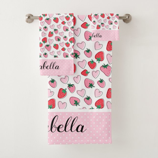 Cute Red and Pink Strawberry Pattern Personized Bath Towel Set (Insitu)