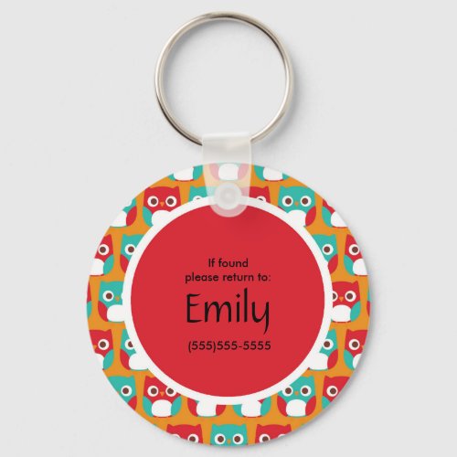 Cute Red and Teal Owls on Orange Personalized Keychain