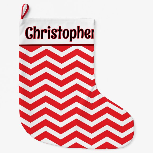 Cute red and White Chevron Custom Message Large Christmas Stocking (Front)