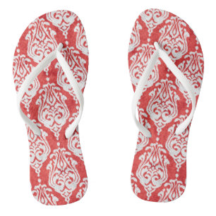 Cute red and white damask ikat tribal patterns flip flops