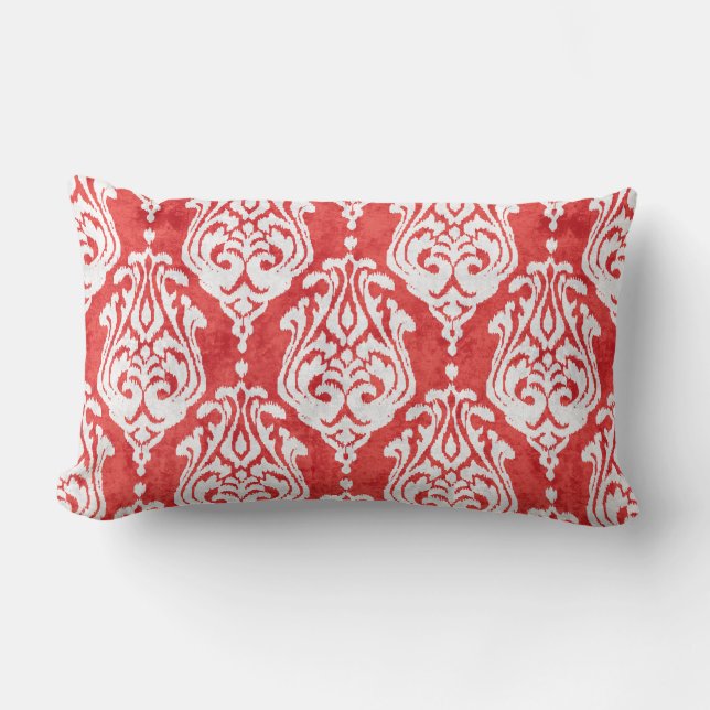 Cute red and white damask ikat tribal patterns lumbar pillow (Front)