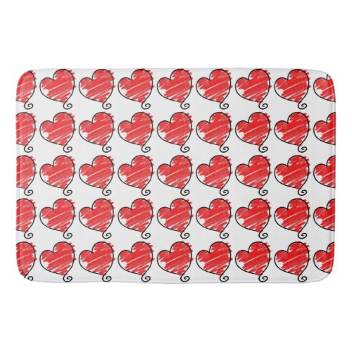 Cute Red and White Hearts Doodles Pattern Bath Mat