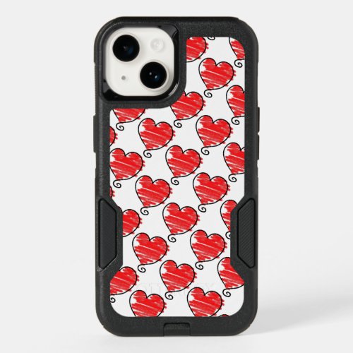 Cute Red and White Hearts Doodles Pattern OtterBox iPhone 14 Case
