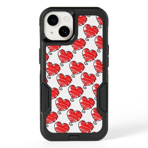 Cute Red and White Hearts Doodles Pattern OtterBox iPhone 14 Case