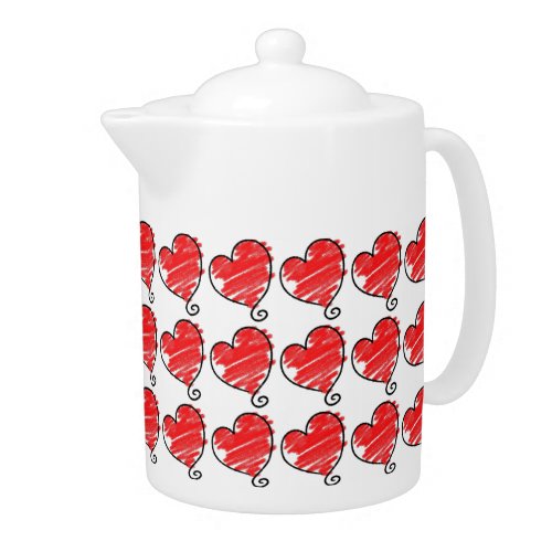 Cute Red and White Hearts Doodles Pattern Teapot